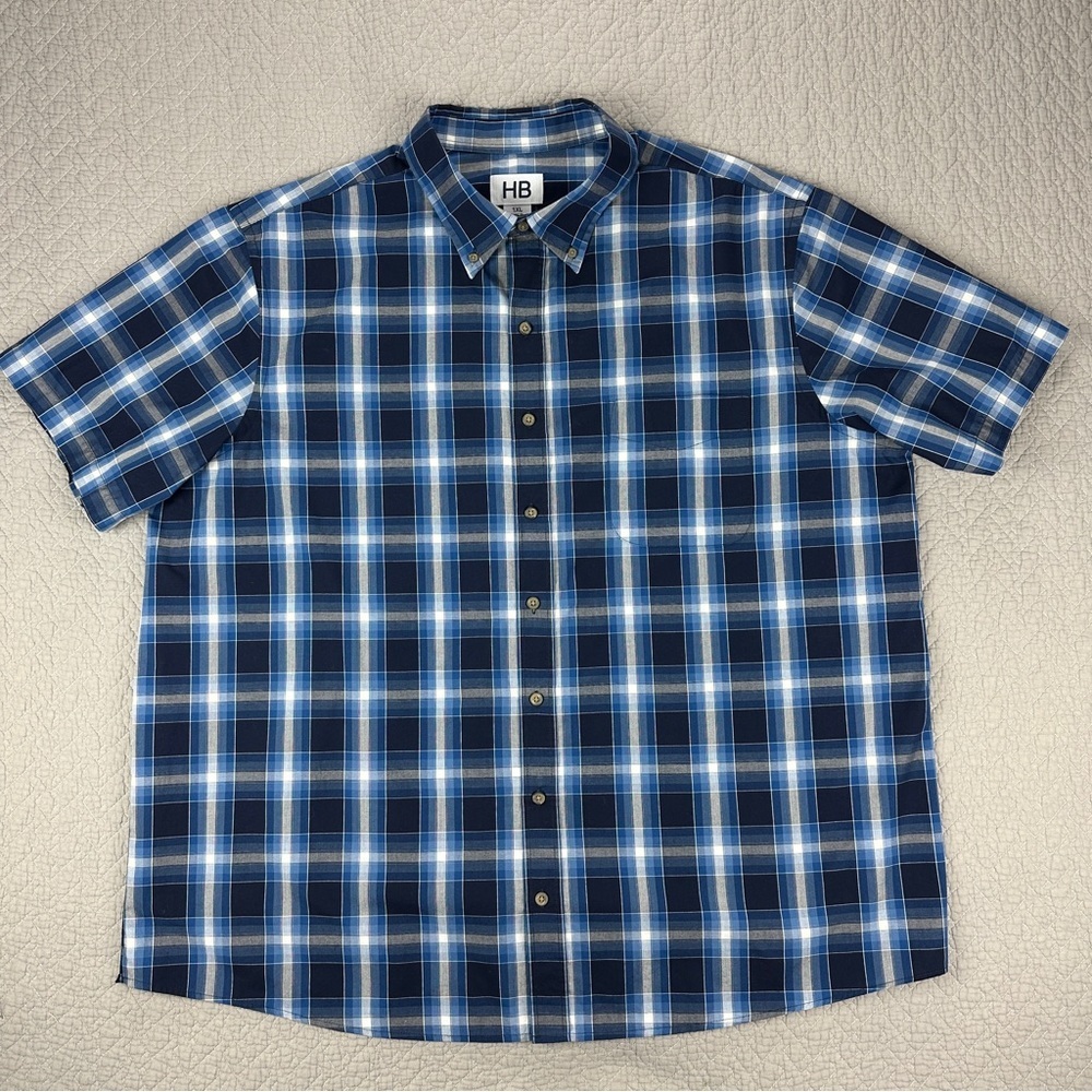 Men's Navy and White Plaid Button Down Shirt Lightweight Short Sleeve - Picture 3 of 9